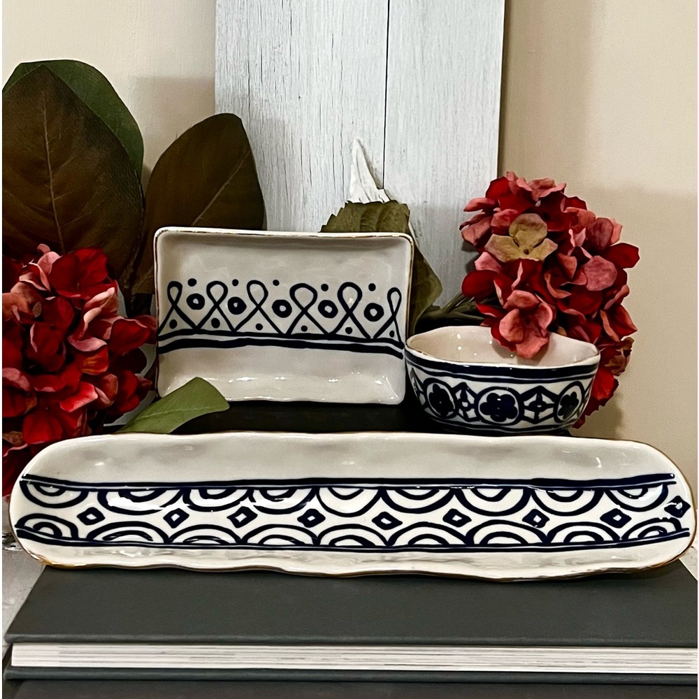 Cottage Style Blue, White, Gold Pottery Set: Olive Boat, Jewelry Dish & Bowl